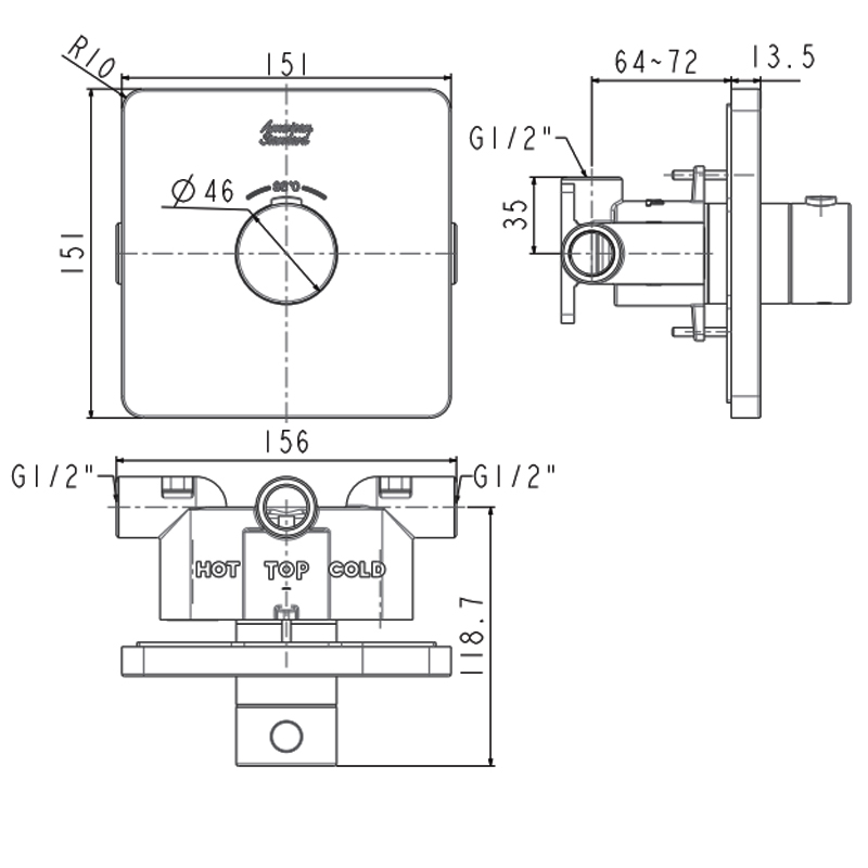 Bản vẽ kích thước bộ trộn nhiệt độ sen tắm American Standard FFAS0930 EasySET